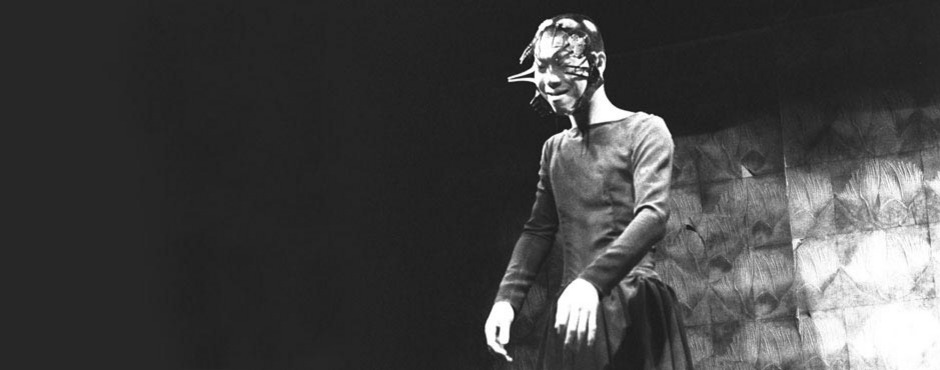 Butoh dancer Moe Yamamoto in a cage like mask and long sleeved shirt. He looks like he is smiling slightly.